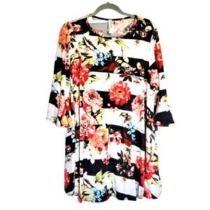 American Curvy Black & White Striped Floral Dress